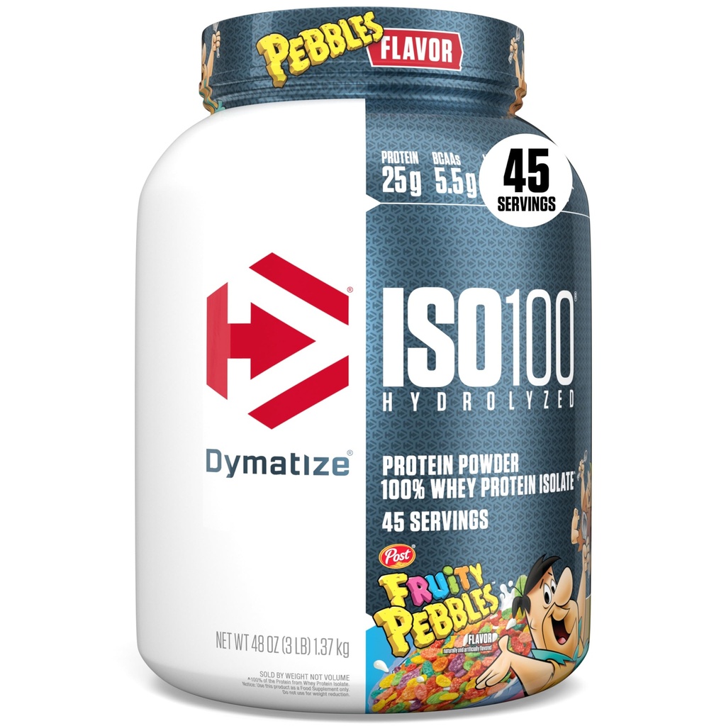 Dymatize x Fruity Pebbles ISO100 Whey Protein Powder Isolate, 25g Protein, 5,5 g BCAA, 120 Cal., Gluten Free, 1g Fat, 1g Sugar, 2g Carb (45 portioner)