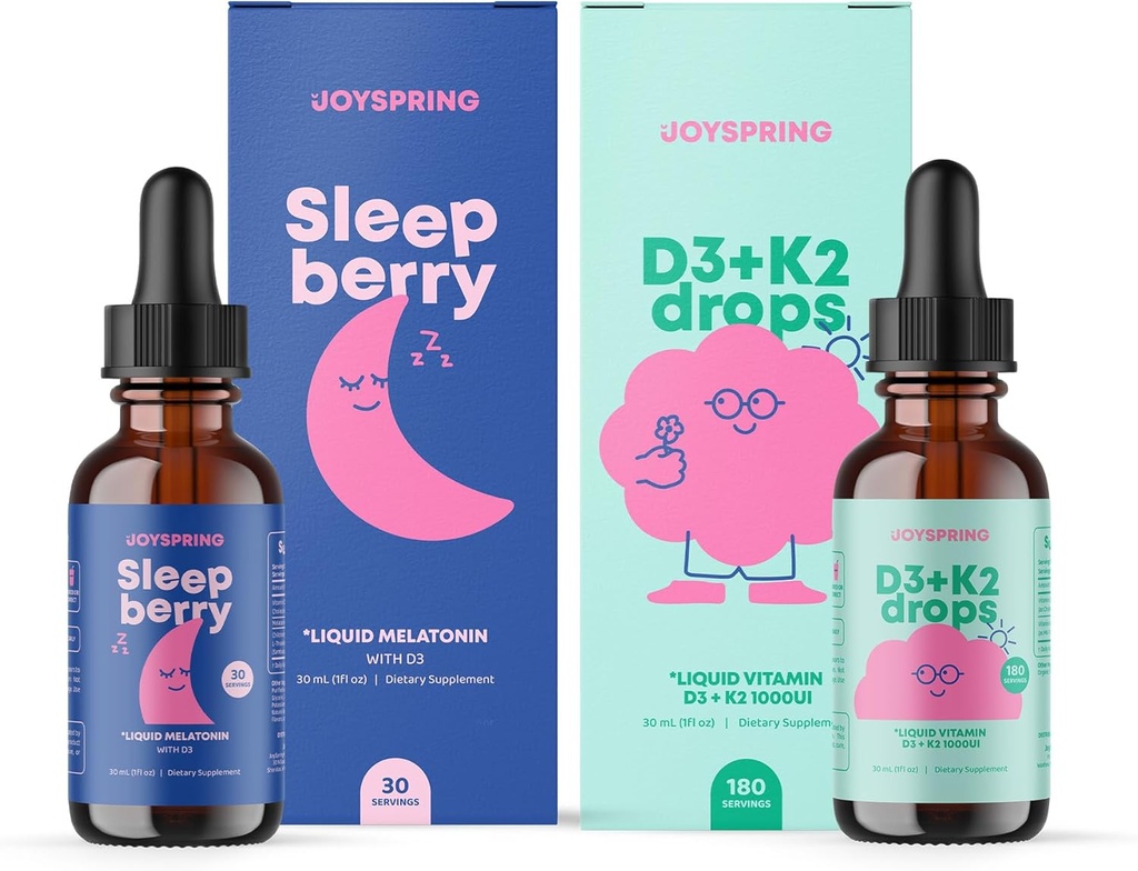 JoySpring D3 K2 lapsille saattaa tukea terveen immuunijärjestelmän D-vitamiini lapsille ja nestemäinen melatoniini lapsille uni tuki