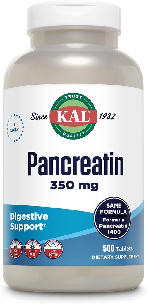 KAL Pancreatin 350mg, Digestive Enzymes for Women and Men, Pancreatic Enzymes for Digestive Health Support, Gluten Free, Non-GMO, Rapid Disintegration, 60-Day Guarantee, 500 Servings, 500 tabletter