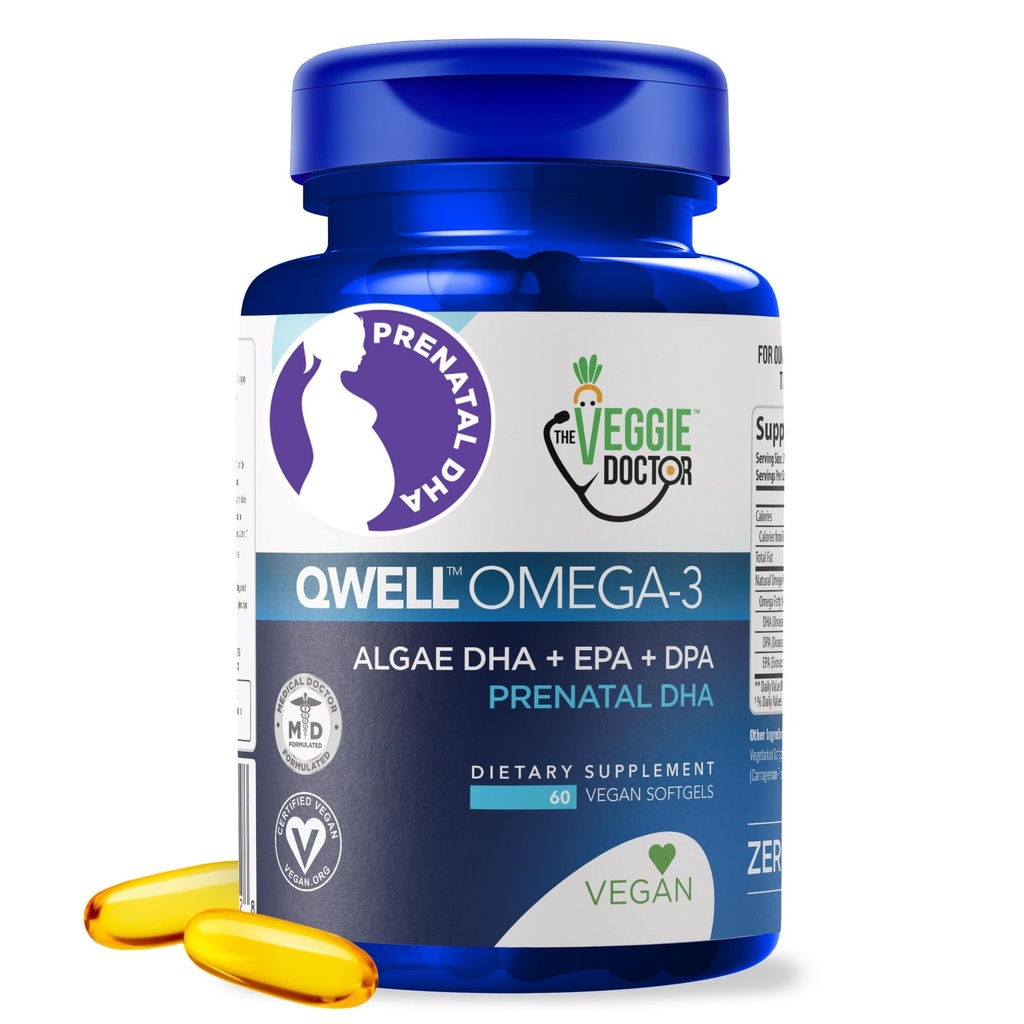 Vegaanien prenataaliset vitamiinit DHA (60 kreivi) Omega-3 - Qwell Better Than Fish Oil, aivojen toiminto - 820 Mg Algae DHA & EPA, vegaaninen prenataalinen vitamiineja E-vitamiini, karrageenivapaa
