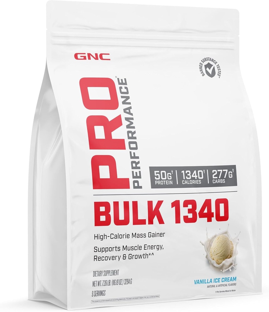 GNC Pro Performance Bulk 1340 Mass Gainer Protein Powder, 50g, Gluteeniton, Whey, Creatiini, BCAA, 3rd Party Tested, Lihasten Recovery & Growth, Micronutrients, Vanilla Ice Cream, 9 Tarjoilut