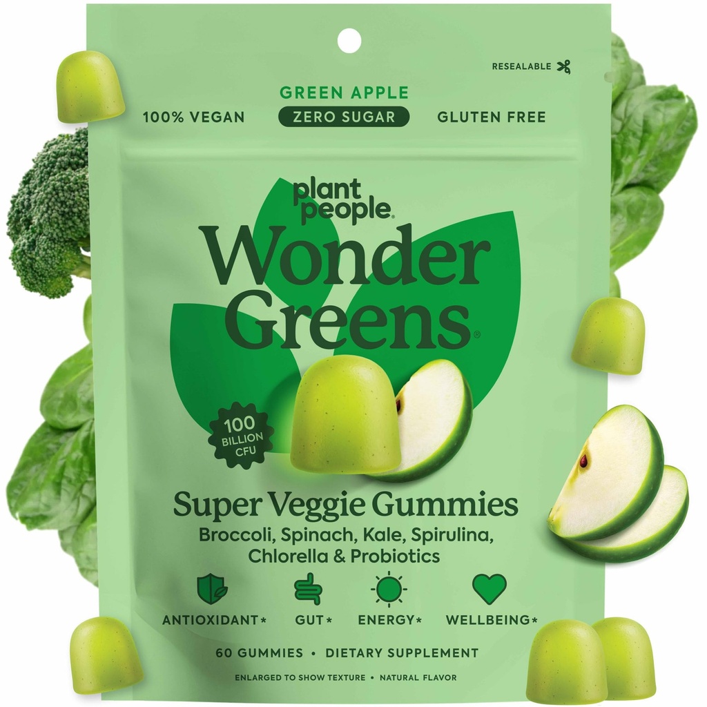 Plant People WonderGreens Veggie Gummies Super Greens med Probiotics Multivitamin Support Gummy for Wellbeing, Energy, Immune and Gut Health, Green Apple Flavor (60 Count)