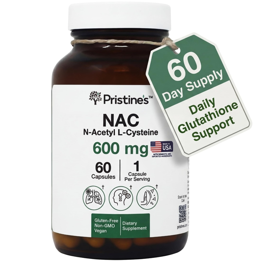 PRISTINE N-asetyyli L-kysteiini (NAC) 600MG 60 päivän Supply Supply Kapselit - Glutatione & Liver Detox Support - Potent Antioksidantti - Vegan, Gluteeniton, ei GMO lasipullo