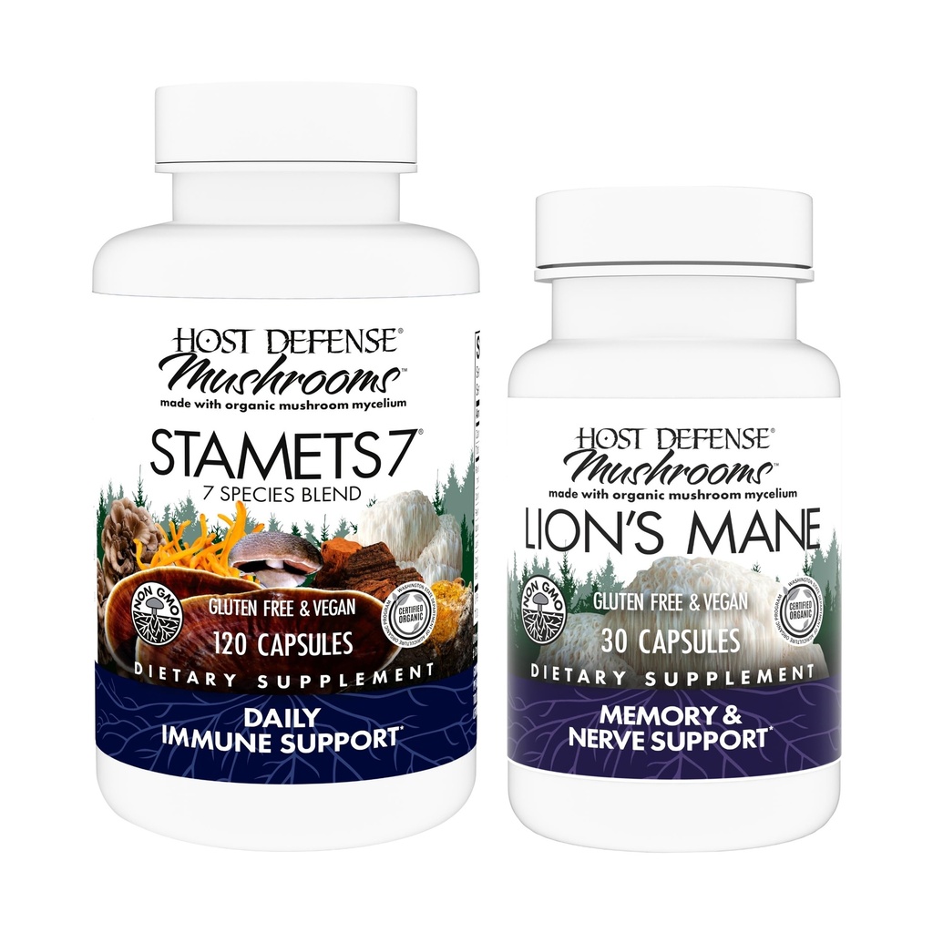 Host Defense Bundle med Stamets 7, 120 Count & Lion's Mane Capsules, 30 Count - Support Immune Health & Function - Support Brain Health, Memory & Focus