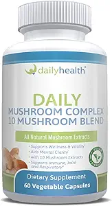 Daily Health 10 Mushroom Blend Complex 60 kapselia Cordyceps, Reishi, Shiitake, Lions Mane, Maitake, Turkey Tail, Chaga, Agaricus, White Button, Black Fungus, Vegan Friendly (1 kuukausi toimitus)
