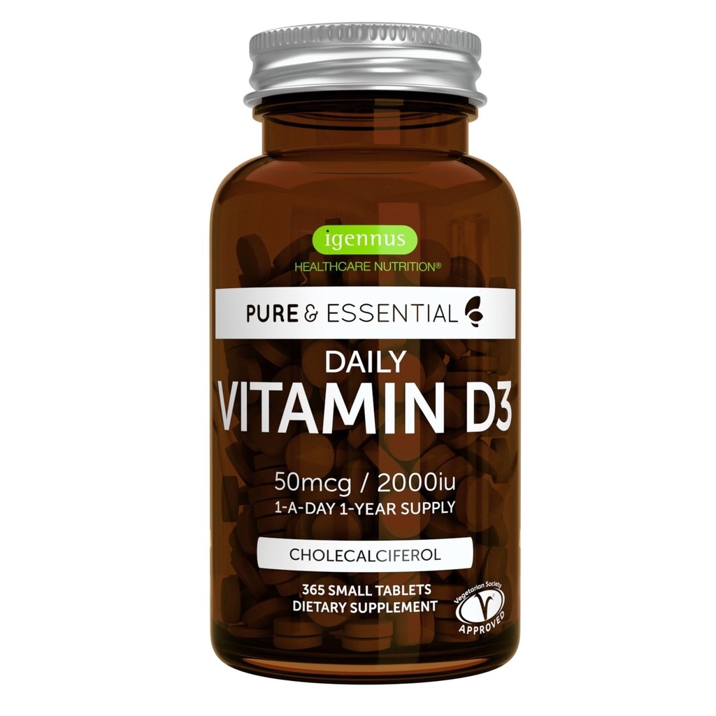 Igennus Päivittäinen D3-vitamiini 2000iu, 50 mikrog, puhdas etiketti, 365 pientä tablettia, 1-vuoden tarjonta, kasvissyöjä Kolekalsiferoli D-vitamiinin täydennysosa