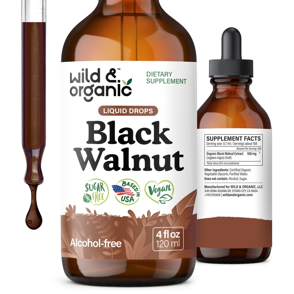 Wild & Organic Black Walnut Tincture - Detox Cleanse w/Black Walnut Hull Extract - Herbal Supplement for Gut Cleanse Detox and Digestive Well-Being - Vegaani, sokeri & alkoholiton - 4 fl oz