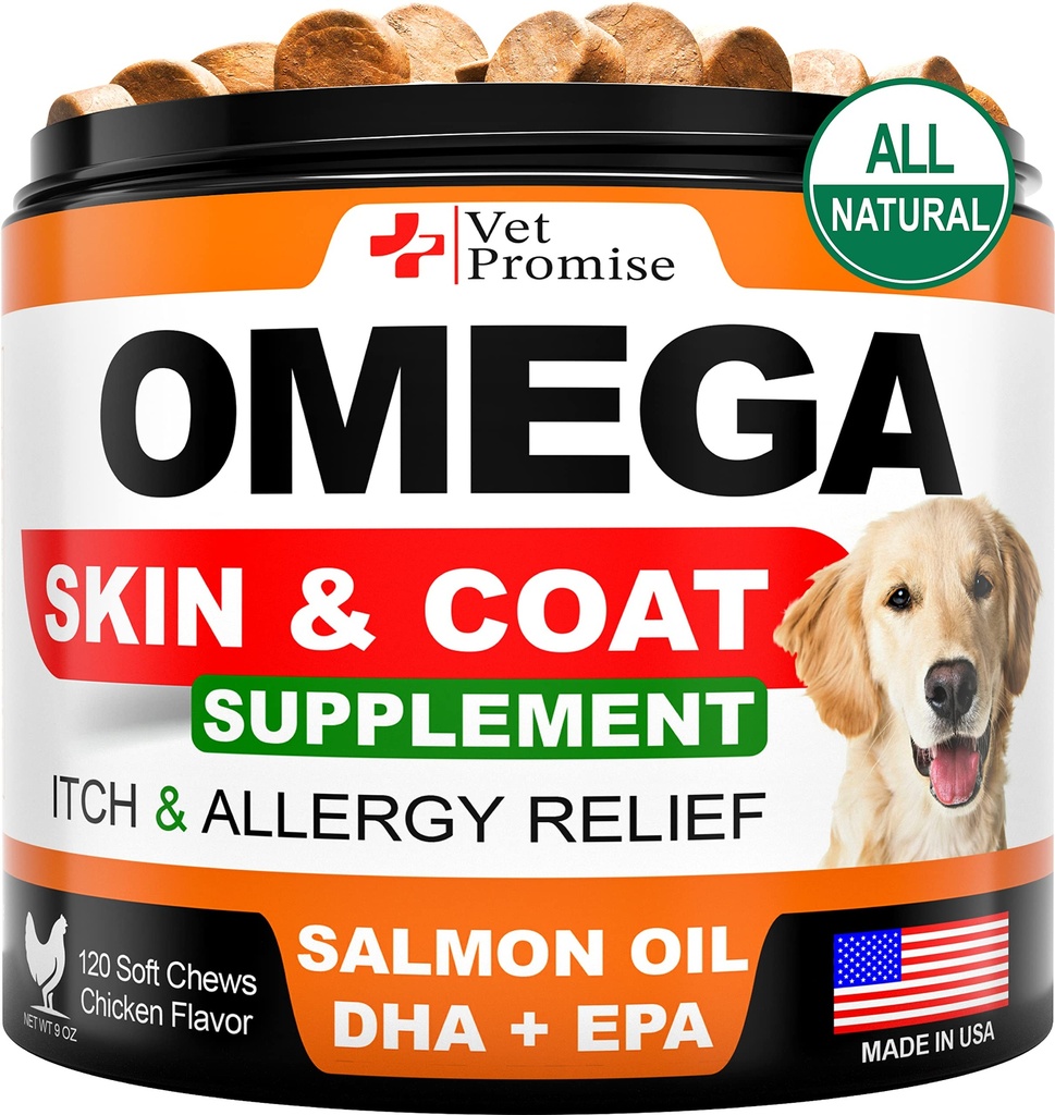 Omega 3 koirille - iho- ja turkki täydentää - kalaöljy koirille purukumia - Allergia ja kutina helpotus - kuivuudenesto täydentää - kuiva ihon hoito - lohiöljy - valmistettu USA - 120 pehmeät hoidot