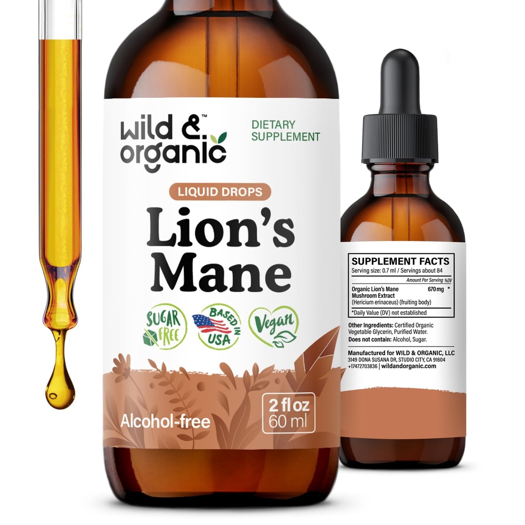 Wild & Organic Lions Mane Liquid Drops - Focus & Brain Support - Lions Mane Supplement - Hericium Erinaceus Mushroom Extract Tincture - Vegaani, alkoholi ja sokerivapaa - 2 fl oz