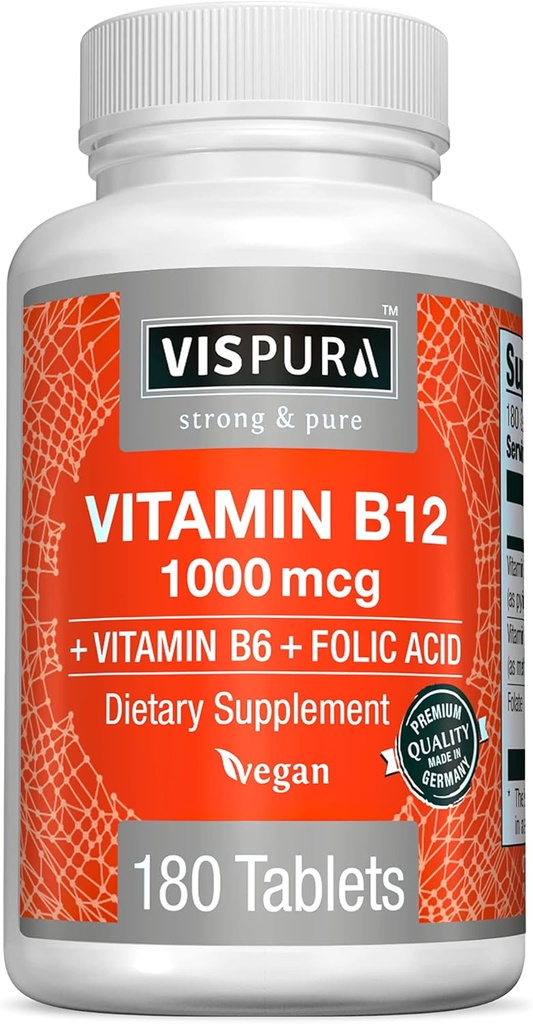 VISPURA Vitamin B12 1000 mcg Methylcobalamin + B6/Folic Acid, 180 Vegan tabletter, bästa tillskott för att öka energi, förbättra humör, Sharpen Focus *, organiskt tillskott