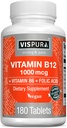 VISPURA-vitamiini B12 1000 mikrog Metyylikobalamiini + B6/Foolihappo, 180 vegaanista tablettia, paras lisä energian lisäämiseen, parantaa mielialaa, terävöittää *, Luomulisä