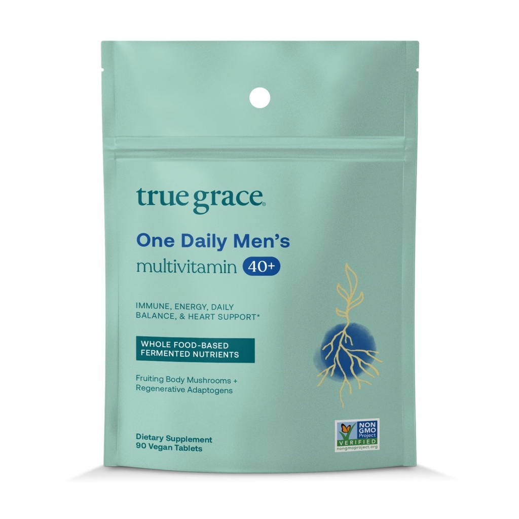 True Grace Men's 40+ One Daily Multivitamin Fermented Minerals, Organic Adaptogens & Mushrooms Whole Body Balance Immune, Endurance, Bone & Heart Support Supplement - Icke-GMO - 90 Vegetariska tabletter