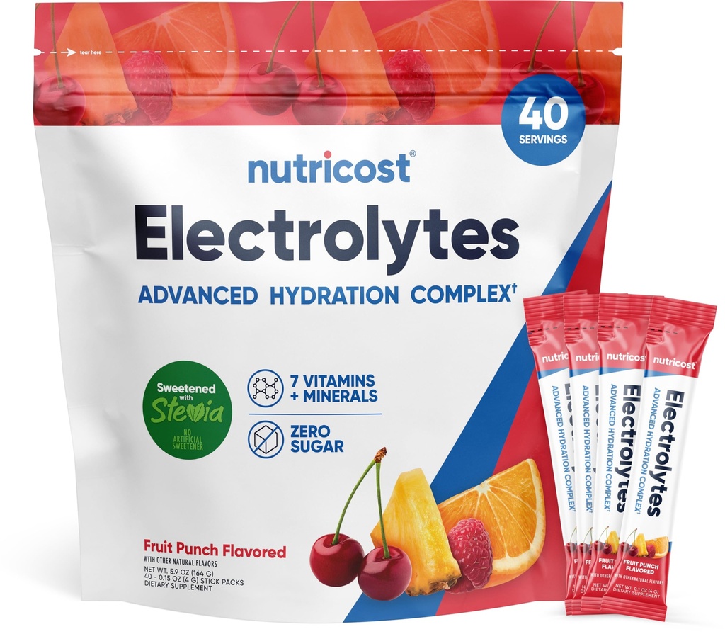 Nutricost Electrolytes Complex, Fruit Punch Flavored, 40 Sticks - Advanced Hydration Complex