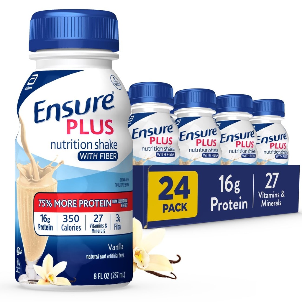 Säkerställ Plus Vanilla Nutrition Shake med fiber | Meal Replacement Shake | Redo att dricka | 16g protein och 27 vitaminer och mineraler | 8 fl oz - 24 Pack