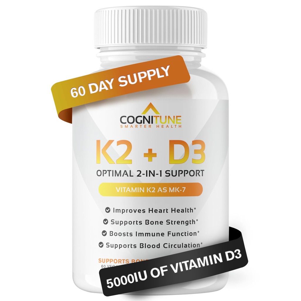 D3-vitamiini 5000 IU ja K2-vitamiinin (MK7) täydennysosa - Premium Immuuni, Heart & Bone Health Kapselit - K2-vitamiini D3-kompleksi, jossa on 5000 IU D3-vitamiinia ja 90 mikrog K2-vitamiinia mk7-60