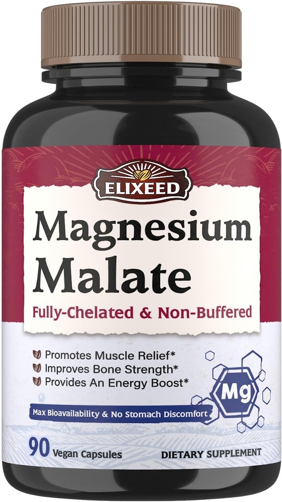 Magnesiummalaattikapselit, magnesiumlisät, kelatoitu, suuri imeytyminen ja biologinen hyötyosuus, mineraali miesten, naisten ja lasten osalta, energian tuotanto ja lihasten Recovery, 90 vegan Caps