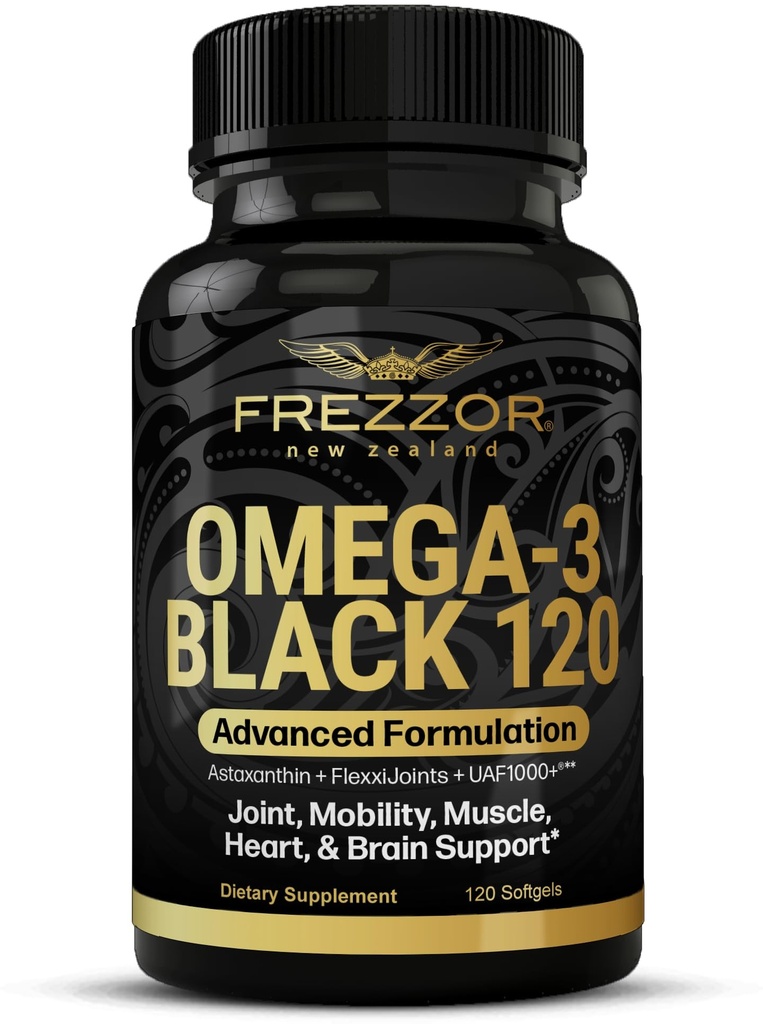 FREZZOR Omega 3 Musta - Vihreä Lipped Mussel Oil Kapselit, Valmistettu Uudessa-Seelannissa, UAF1000+, Ei Fishy Jälkimaku, 120 Count (Pakkaus 1)