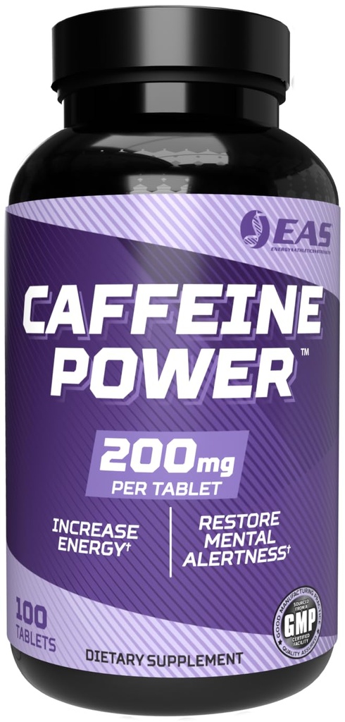 EAS koffeinkraft 200mg | Koffeinpiller Supplement | Öka energi och återställa mentala varningar | Glutenfri, icke GMO, vegetarisk vänlig | 100 tabletter