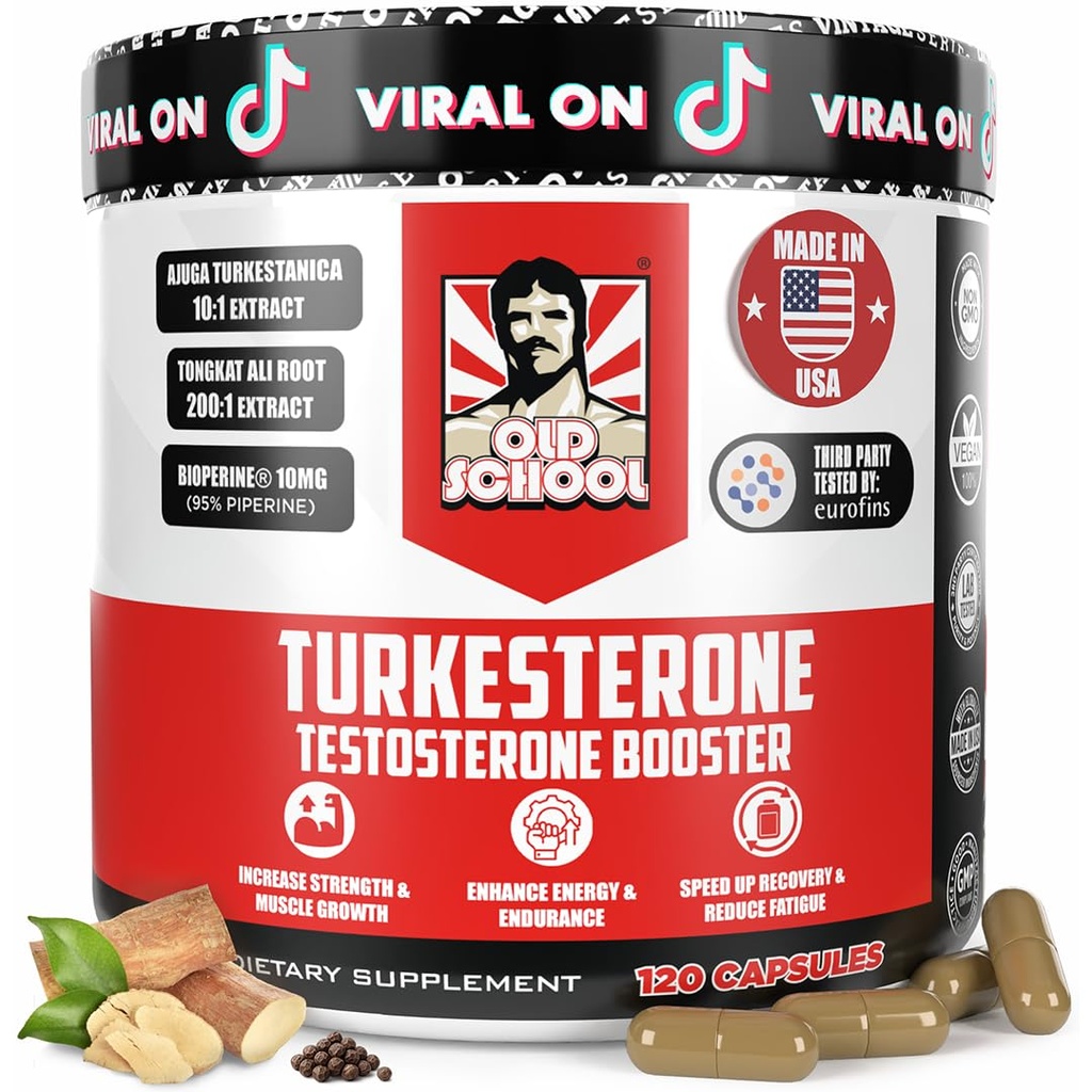 Old School Labs Testosteron Supplement för män - Max Potency Tongkat Ali med BioPerine® för Max Absorption, stöder muskel, styrka, återhämtning, Drive & Stamina - Turkesterone, 120 kapslar