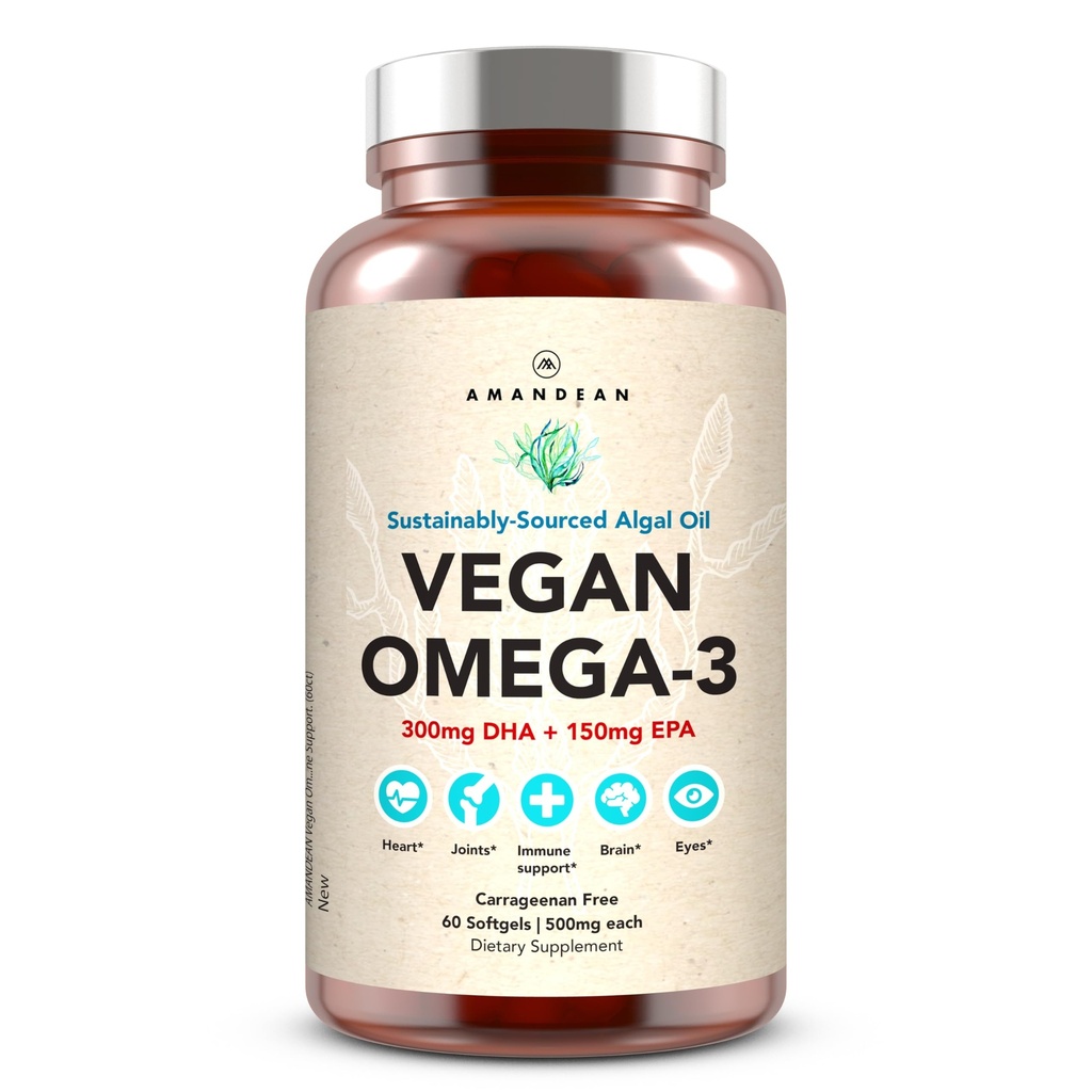 AMANDEAN Vegaani Omega 3 täydennysosa. Premium Fish Oil Vaihtoehto. Algae DHA & EPA. Carragenan Free Softgels. Algal Essential Fatty Acids. Kasvipohjainen sydän, aivot, silmät, iho, immuunituki. (60ct)