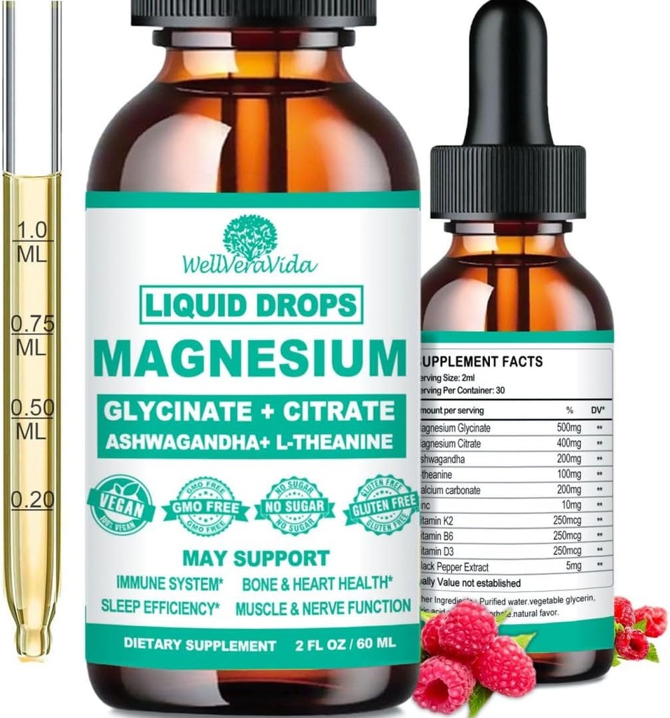 Magnesium Glycinate 500 mg, rauhoittava magnesium Glycinate, sitruuna D3 K2 B6 -vitamiinin kanssa Ashwagandha, L-Theaniini, kelaatti Magnesiumkompleksin supplementti nestemäisiä tippoja immuuniuniluun hermohermoon