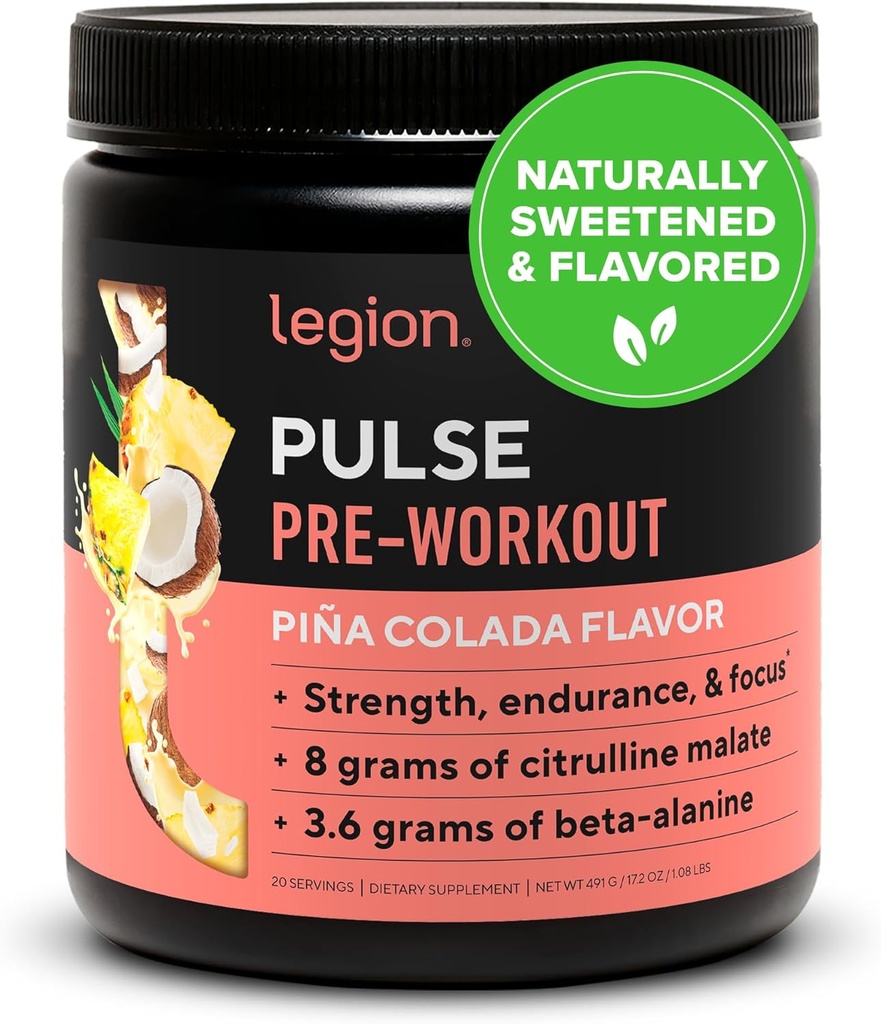 LEGION Pulse Pre Treenout - Kaikki luonnon typpioksidia Preworkout Drink to Boost Energy, Creatiini ilmaiseksi, luonnollisesti makeutettu, Beta Alanine, Citulline, Alpha GPC (Pina Colada)