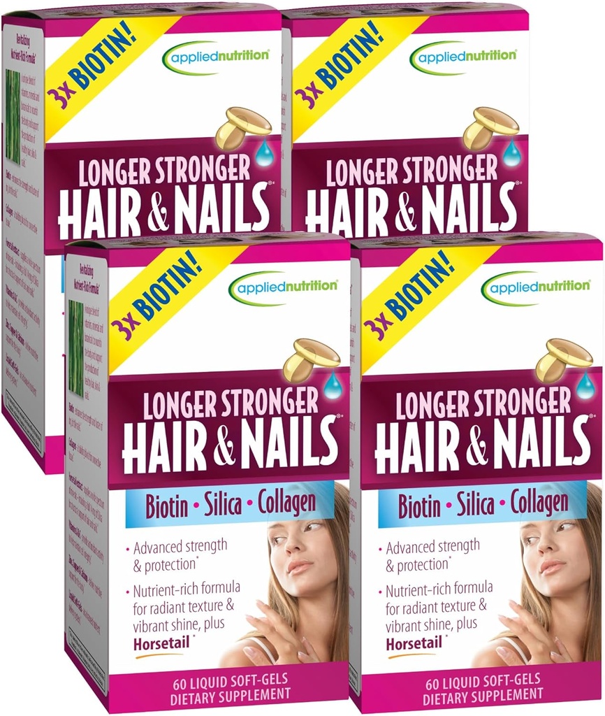 Applied Nutrition Longer Stronger Hair & Nails - 60 Liquid Soft-Gels, pakkaus 4 - Biotiini, Silica & Collagen - 120 tarjoilua