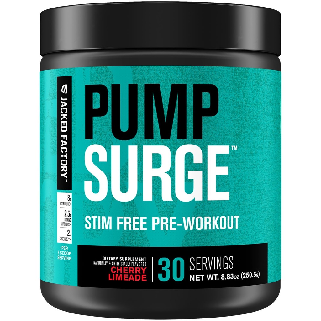 Jacked Factory Pumpsurge Kofeiinitonta esitreeniä miehille ja naisille - Nootropic Booster & Stim Free Pre Treout - Intense Pumput, parannettu Focus - 30 tarjoilua, Cherry Limeade