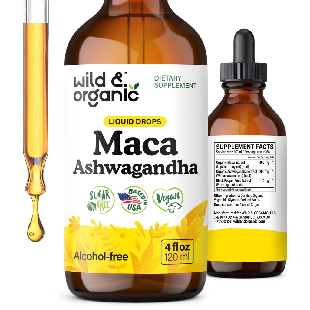 Wild & Organic Maca Root Ashwagandha Drops for Men and Women - Liquid Maca Ashwagandha Supplement for Overall Support - Peruvian Extract Tincture - Vegan, Sugar & Alkoholfri - 4 fl oz