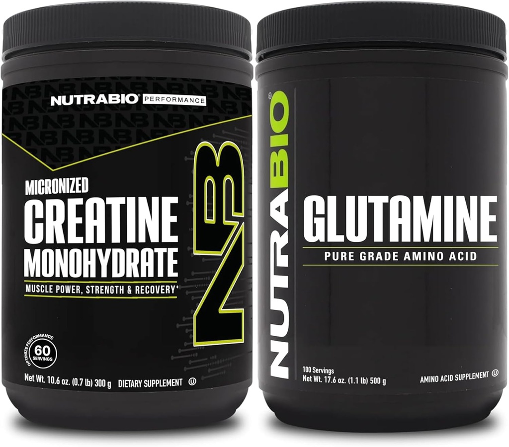 NutraBio Creatiini Monohydraatti Supplement, makuamaton, (300g) ja L-glutamiinijauhe, (500g) ...