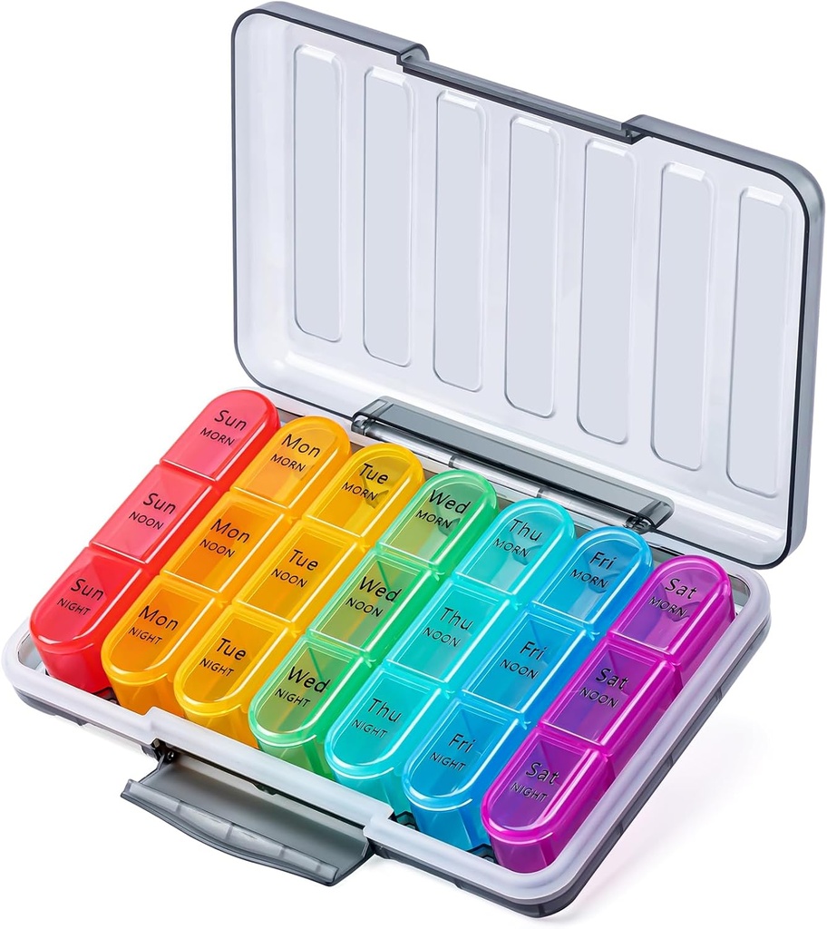 Odaro Pill Organizer 3 Kertaa päivässä - Kannettava viikoittainen lääkelaatikko 7 Erilliset kontit, Matkustaa 7 päivän pillerilaatikko, musta