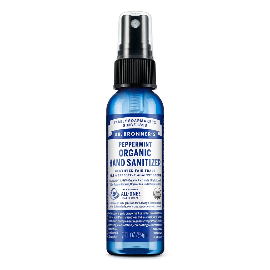 Dr Bronner's - Organic Hand Sanitizer Spray (Peppermint, 2 ounce) - Enkel och effektiv formel, rengöring och sanitizes, inga hårda kemikalier, återfuktar och rengör händer