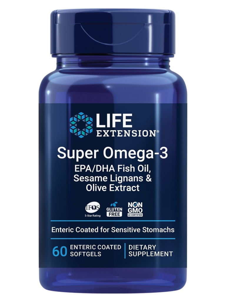 Life Extension Super Omega-3 EPA / DHA Fish Oil, Sesam Lignans & Olivextrakt - Hjärthälsa, Hjärnhälsa, Inflammation Health Support, Gluten-Free, Enteric-Coated, Non-GMO, 60 Softgels