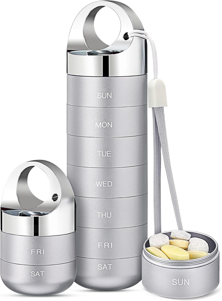 Zannaki Metal Travel Pill Organizer, Kannettava vedenpitävä Viikon pilleri Laatikko, suuri alumiiniseos pilleri Case Container, BPA Ilmainen 7 päivää Päivittäinen lääketiede Organizer haltija vitamiini, kalaöljy, täydentää