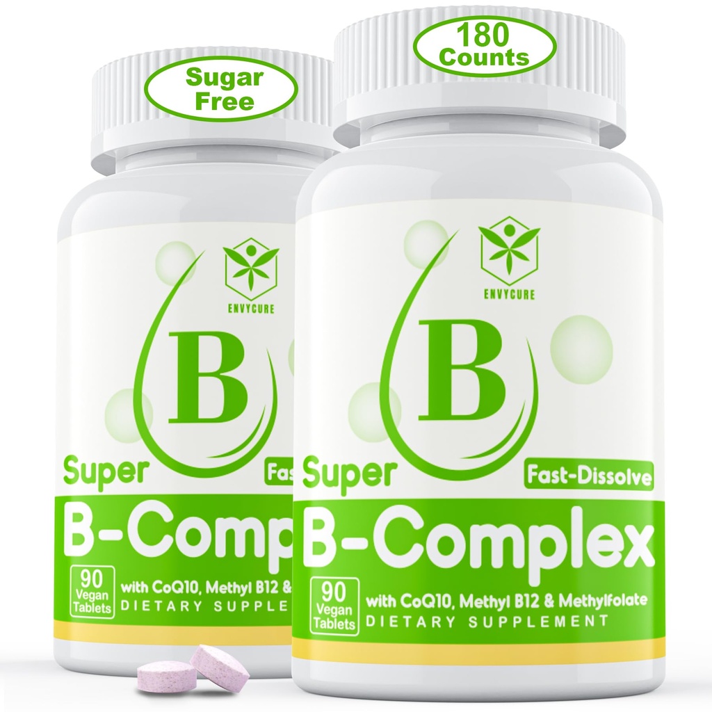 Sokeriton B-vitamiinikompleksi, jossa on metyyli-B12, metyyliFolaatti, B6, B1, B2, B3, nopeasti liuotettava erittäin biologisesti käytettävissä oleva Methylated B Complex Supplement for Energy Levels, Hermojärjestelmä, Vegaani 180 tablettia
