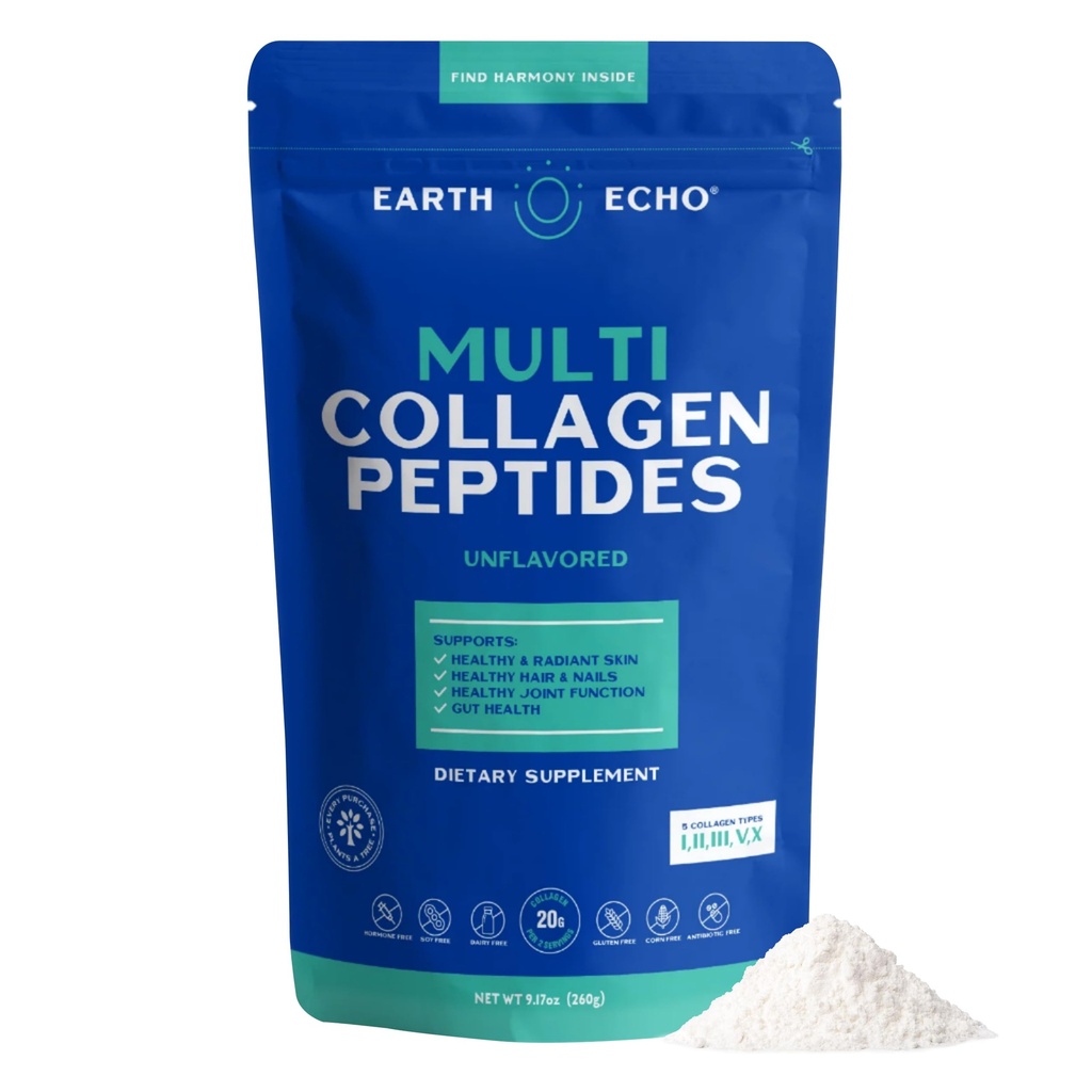 Earth Echo Multi Collagen Peptides, Hydrolysoitu kollageeni C-vitamiinin ja hyaluronihapon kanssa, tukee Radiant ihoa, terveitä niveliä, Gut Health ja Immuunitoiminta, Dairy-free, 26 tarjoilua