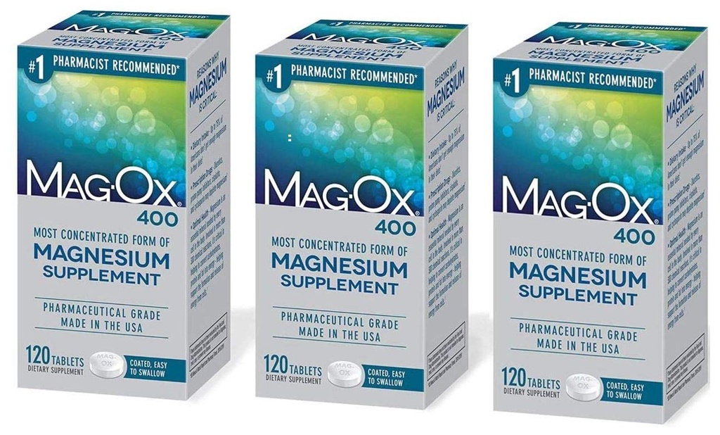 Mag-Ox 402 Mag-Ox 400 Magnesium Mineraaliruokavalion lisätabletit, 483 mg magnesiumoksidi-3:n määrä, 3-pakkaus, 3.0