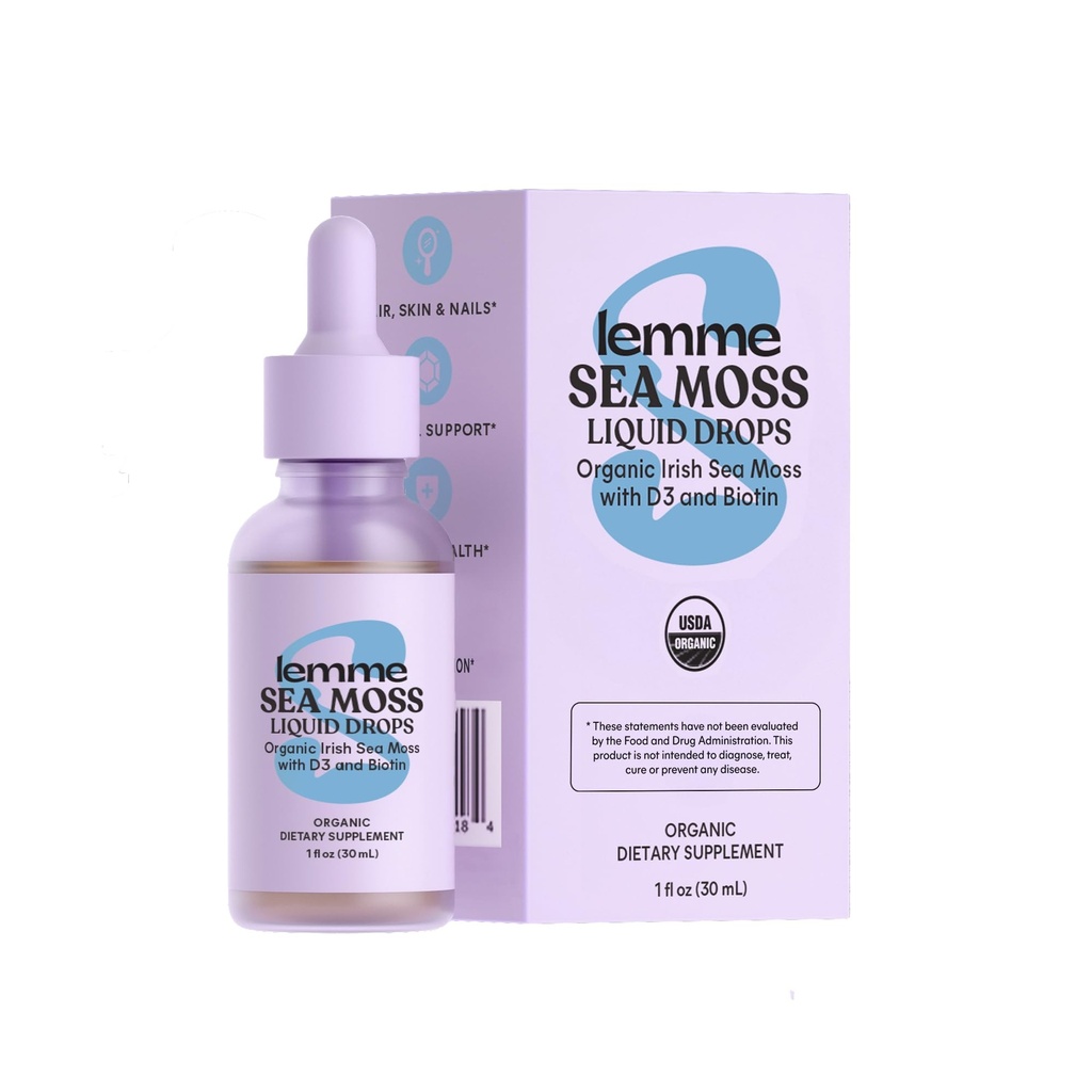 Lemme Irish Sea Moss Organic Liquid Drops with D3-vitamiini ja Biotin for Trace Mineral Support, Immuniteetti, Hiukset, Iho ja kynnet, Aivojen terveys - Gluteenittomat ja sokerittomat, Ei GMO, 1 oz, 30 tarjoilua
