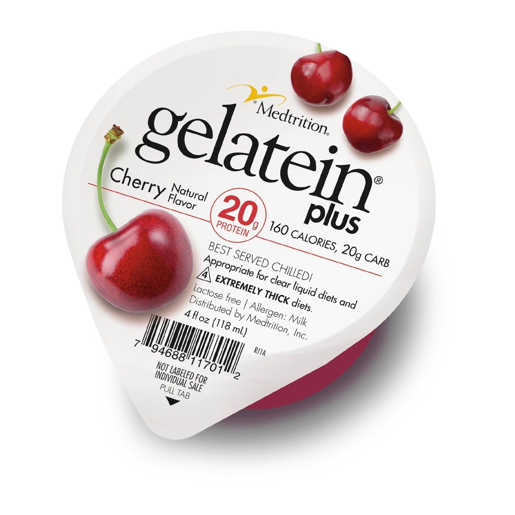 Gelatein Plus Cherry: 20 gram protein. Perfekt för klara flytande dieter, sväljer svårigheter, dialys och onkologi. Bra pre eller post-workout snack. (12 pack)