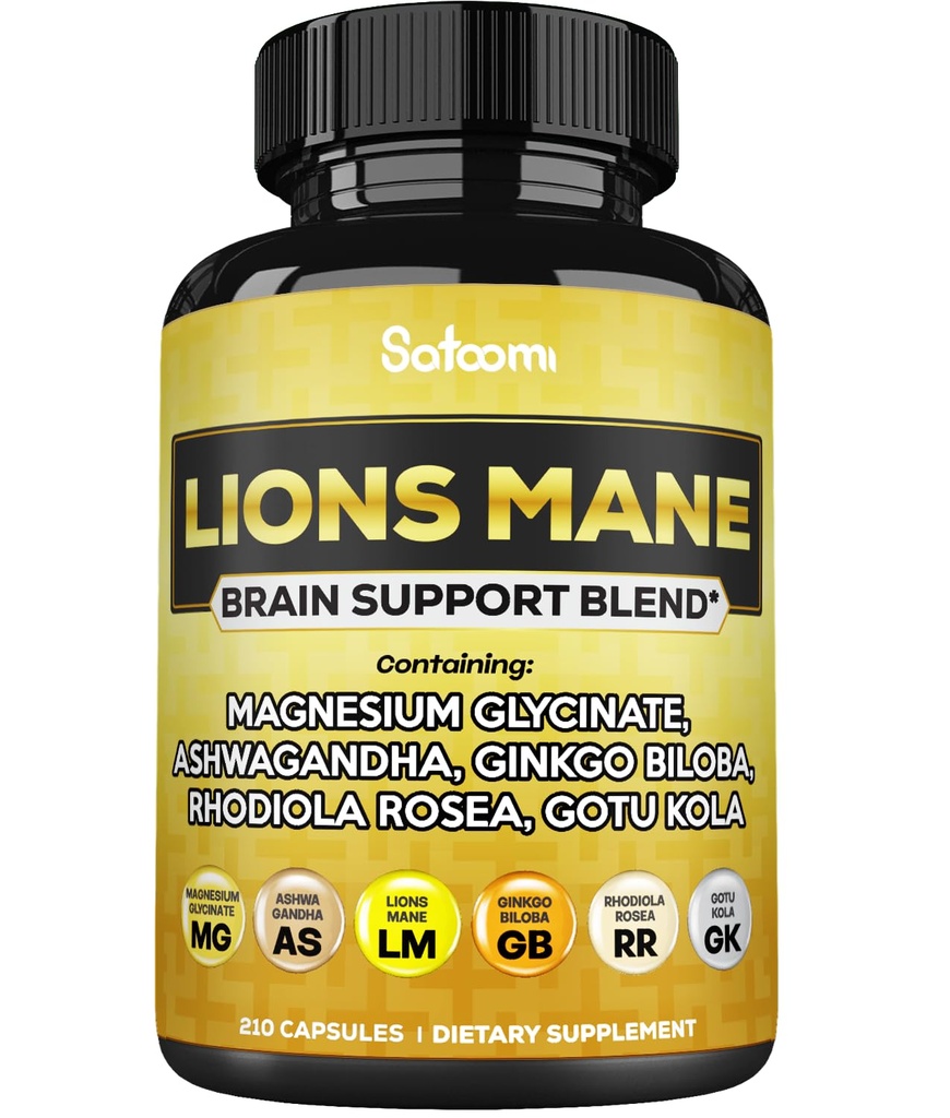 Lions Mane lisäkapselit magnesiumia Ashwagandha Root, Ginkgo Biloba, Rhodiola Rosea ja Gotu Kola - 210 Vegaanikapselit - Tuki aivojen terveys, positiivinen mieliala ja energian tuotanto