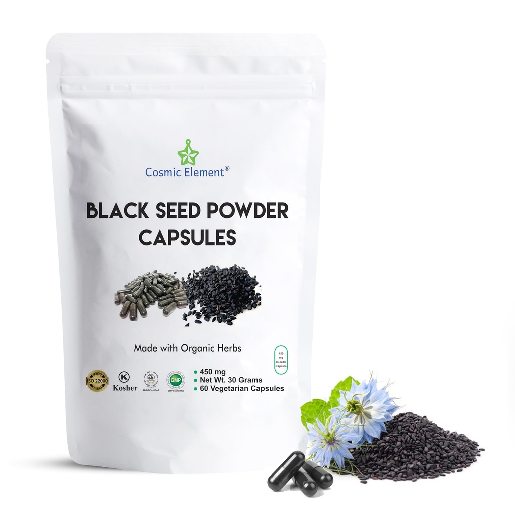 Cosmic Element 100% Pure Black Seed Powder Capsules Organic - Vegan Nigella Sativa 450 mg Musta Cumin Siemenet per Serving - 60 kapselia