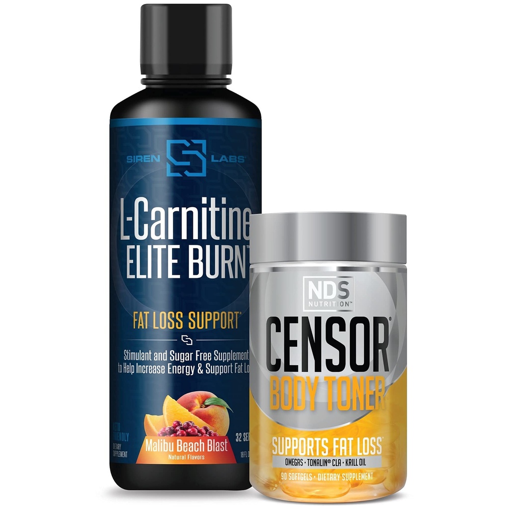 Sensori NDS Nutrition Fat Loss-Body Toner CLA (90 Softgels) & Siren L-Carnitine Elite Burn Fat Loss Support Malibu Beach Blast 3000 mg (32 Servings)