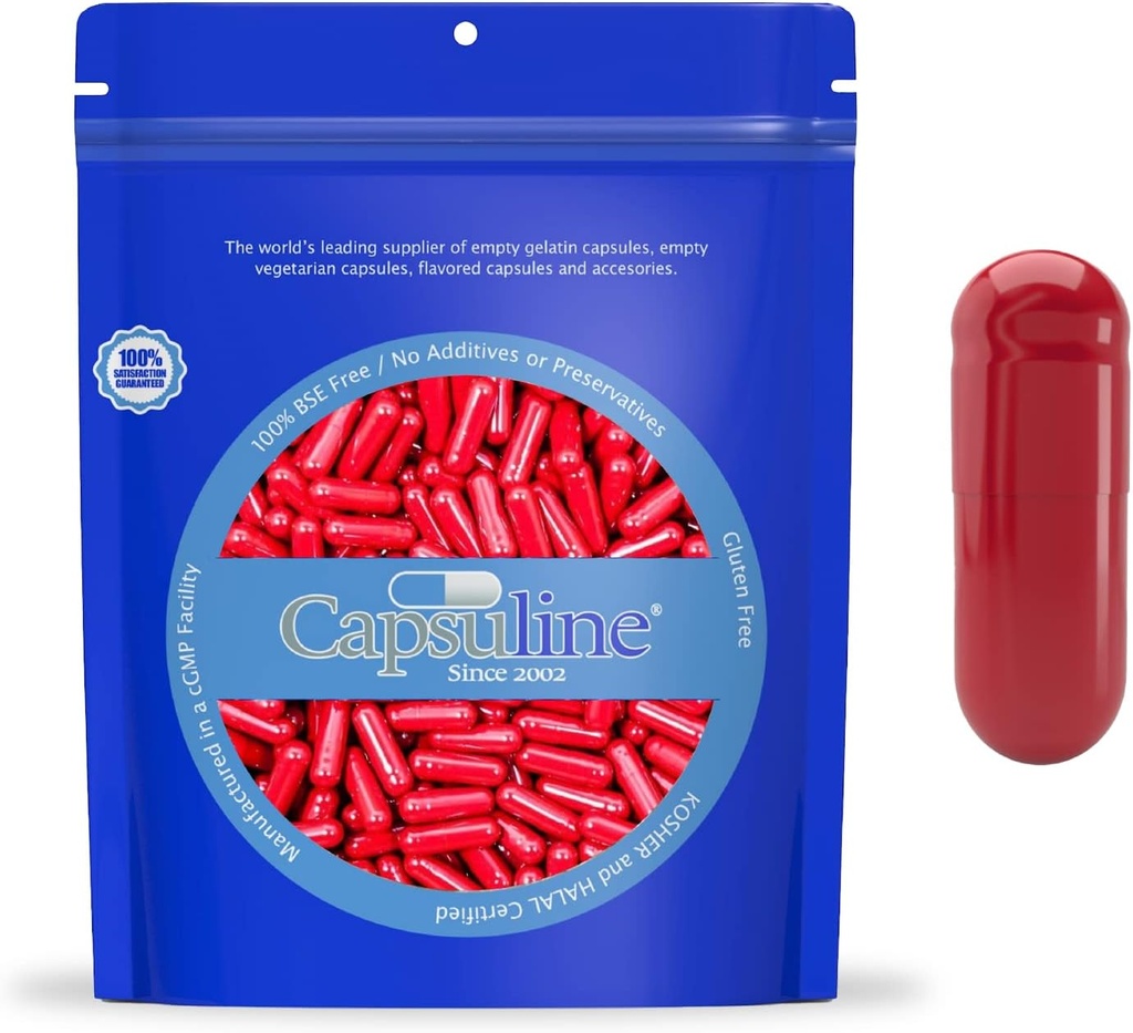 Capsuline Koko 0 - Värillinen punainen tyhjä liivate kapselit - 500 Count - Tyhjä geeli pilleri kapselit - DIY puhdas naudan pilleri kapselin täyte - Tyhjä kapselit - Kosher ja Halal Certified