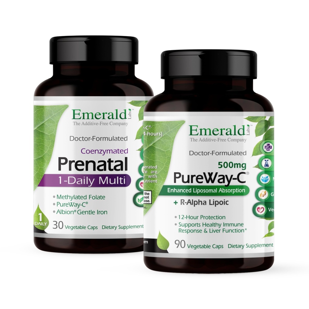 Emerald Labs Bundle med Prenatal 1-Daily Multi (60 Veg Caps) & PureWay-C (90 Veg Caps) - Prenatal Multivitamin med Methylated Folate, Iron & More * - Vitamin C Supplement med R-Alpha Lipoic Acid *
