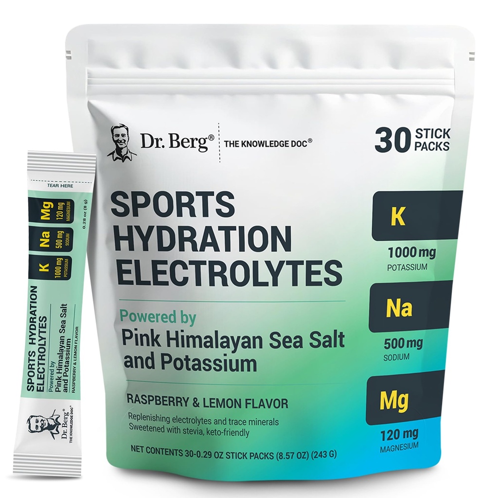 Dr Berg Sports Hydration Electrolytes Powder w/More Salt (Pink Himalayan) - 30 Keto Electrolytes Powder Packets w/a Delicious Salty Raspberry & Lemon Flavor - Inkluderar 1000mg av kalium
