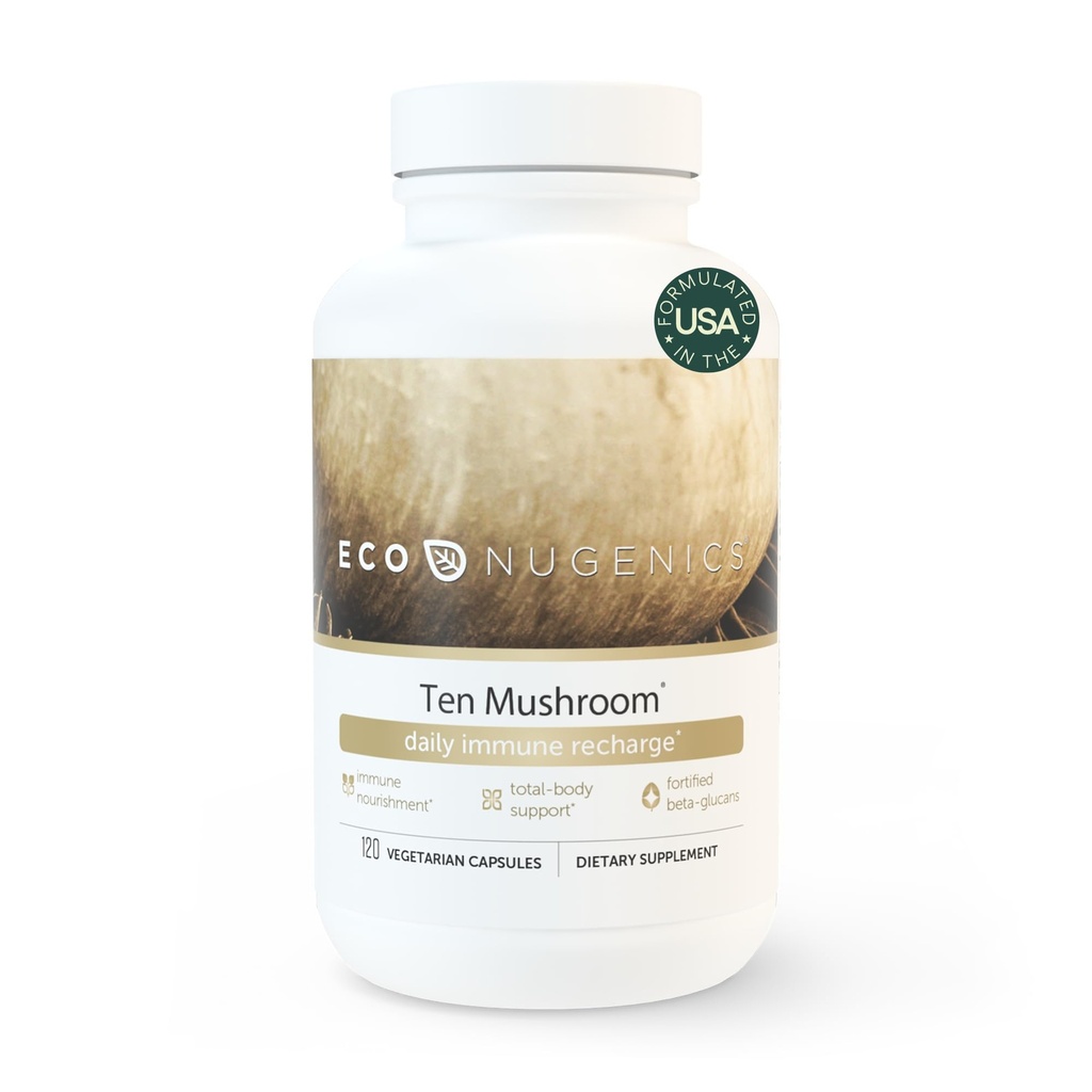 EcoNugenics Ten Mushroom Supplement: Daily Immuunituki, 120 kapselia Lion. Mane, Reishi, Cordyceps, Turkey Tail. Energia, Gut Health, Maksa, Munuaiset, Kolesteroli ja nootrooppinen aivojen tuki