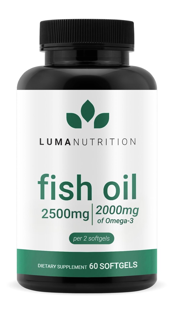 Luma Nutrition Omega 3 fiskoljetillskott - Extra styrka 2500mg - 2000mg EPA & DHA - Hjärna och hjärthälsa - 60 Softgels