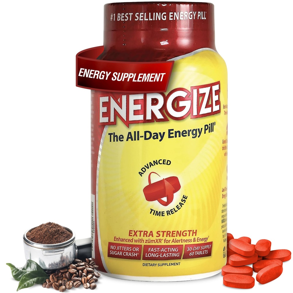 Energiera extra styrka koffeinpiller, snabbverkande långvarig energipiller med utökad tidsfrisättning koffein, förbättrad klarhet och energistöd för män och kvinnor, inga Jitters, ingen krasch (60 tabletter)