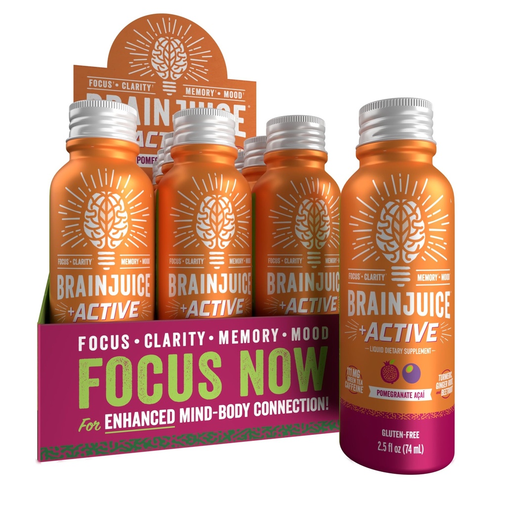 BrainJuice Active Focus & Energy Drink Shots, Tukee Endurance, Recovery & Clarity, Ei-GMO, Gluteeniton, Nootrooppinen, Alpha GPC, B-vitamiinit & Organic Green Tea, Granaattiomena Acai, 2.5 fl oz, 12 Pack