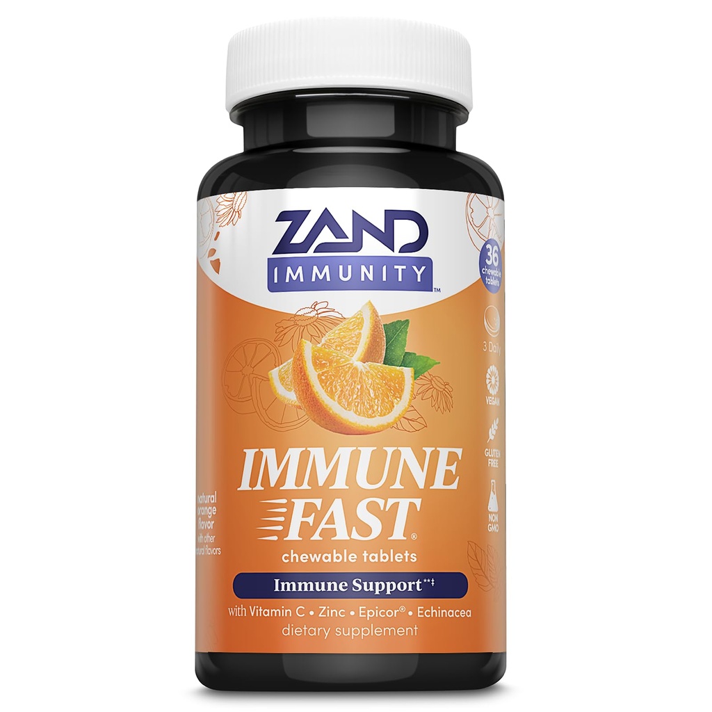 ZAND Immuno Immuno Fast Zesty Orange Chewables - Immuunituki täydentää w / Epicor Fermented Hiiva, C-vitamiini 1000 mg, Sinkki, Echinacea - ei-GMO, Vegan, Gluteeniton, 60 päivän takuu, 10 tarjoilut